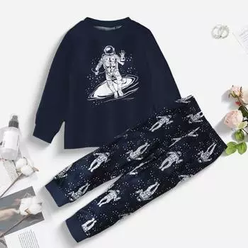 Милый пижамный комплект из 2 предметов, одежда для отдыха, узор «Астронавт-грузовик», топы с длинными рукавами и штаны, детская осенне-зимняя одежда для мальчиков и девочек US 5 темно-синий