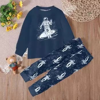 Милый пижамный комплект из 2 предметов, одежда для отдыха, узор «Астронавт-грузовик», топы с длинными рукавами и штаны, детская осенне-зимняя одежда для мальчиков и девочек US 5 темно-синий