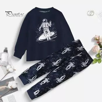 Милый пижамный комплект из 2 предметов, одежда для отдыха, узор «Астронавт-грузовик», топы с длинными рукавами и штаны, детская осенне-зимняя одежда для мальчиков и девочек US 5 темно-синий