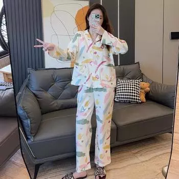 Милый пижамный комплект Kawaii для женщин с длинными рукавами и длинными штанами на пуговицах, ночная рубашка на осень-зиму для женщин, мягкая пижама Sleepwer Soft M