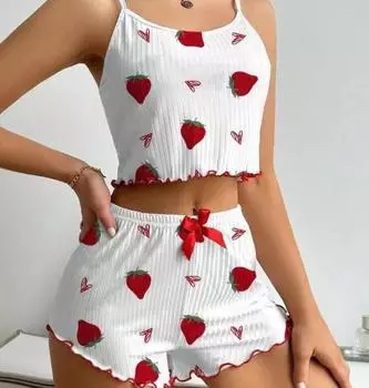 Милый пижамный комплект с клубничным принтом для женщин, топ без рукавов, шорты с эластичным поясом, удобная одежда для сна S