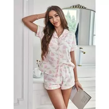 Милый пижамный комплект с принтом кролика и тюльпана, короткий рукав, топ с пуговицами и лацканами, эластичные шорты, женская одежда для сна S