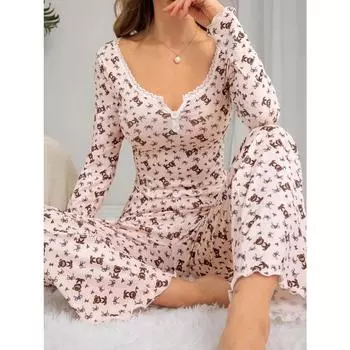 Милый пижамный костюм с принтом мультяшного медведя, домашняя одежда с отделкой в виде салата, пижамный комплект с V-образным вырезом, топ с длинными рукавами и длинные штаны S розовый