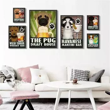 Милый плакат, настенное искусство, ретро картина с собаками, плакат с изображением животных, винтажный настенный декор, украшение для гостиной, декор для детской комнаты, мопс, домашние животные 21cm30cm NoFrame