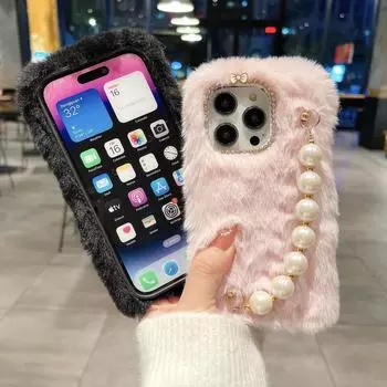 Милый плюшевый чехол с браслетом и сердечком для Samsung Z Flip 3 S23 S22 S21 Ultra A24 A34 A14 A54 A53 A33 A23 A13 S10 S9 S8/Redmi 10 9 9A 9C 9T Note 11 10 iphone 6 6s чёрный