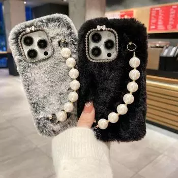 Милый плюшевый чехол с браслетом и сердечком для Samsung Z Flip 3 S23 S22 S21 Ultra A24 A34 A14 A54 A53 A33 A23 A13 S10 S9 S8/Redmi 10 9 9A 9C 9T Note 11 10 iphone 6 6s чёрный