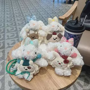 Милый плюшевый кролик-брелок с клетчатым бантом - мультяшная подвеска для украшения автомобиля