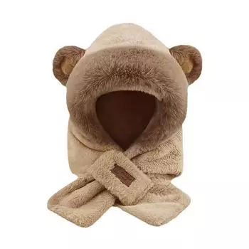 Милый плюшевый медведь, шапка, шарф, милая шапка-бини, шарф, комплект, теплый пуловер, теплая защита для ушей, искусственный Wi J7W7 khaki-One size