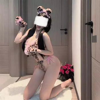 Милый плюшевый Ono леопардовый розовый леопардовый принт цельный костюм эротическое нижнее белье женский косплей страсть свободный One Size (80-60kg)