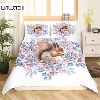 Милый пододеяльник с белкой, двойной пододеяльник с изображением лесного животного, комплект постельного белья с изображением акварели и цветов для девочек, женщин, дикой природы EU single(135x200cm)