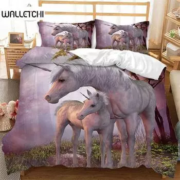 Милый пододеяльник с единорогом из микрофибры, лесной белый единорог, лошадь, одеяло, покрывало, летающая лошадь, комплект постельного белья King Full для девочек-подростков EU single(135x200cm)