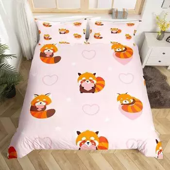 Милый пододеяльник с красной пандой размера King Size, комплект постельного белья с розовыми звездами и мультяшными животными Kawaii, девчачий милый пододеяльник EU single(135x200cm)