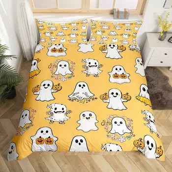 Милый пододеяльник с привидениями на тему Хэллоуина, желтый комплект постельного белья, тыквенный фонарь, цветочные привидения, покрывало из полиэстера EU Single(135x200cm)