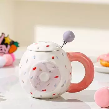 Милый пончик с крышкой, ложкой, керамическая чашка, высокая стоимость, большая емкость, кружка, хозяйственный набор, открывающийся сувенир, подарок 400ML