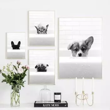 Милый постер с домашним животным в ванне, черно-белый минималистичный постер с собакой, художественный принт, скандинавская кошка, холст, картина, современная настенная картина, домашний декор для ванной комнаты 21x30cm No Framed