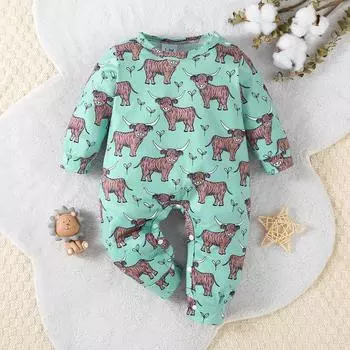 Милый повседневный комбинезон с длинными рукавами для младенцев и мальчиков с принтом теленка 1-3M