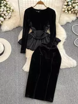 Милый повседневный комплект из двух предметов для женщин, рубашки в стиле пэчворк с оборками, однотонные юбки с высокой талией, костюмы, модные комплекты для вечеринок на осень-зиму S чёрный