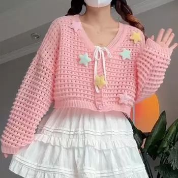 Милый повседневный свитер для женщин, однотонный вязаный кардиган с V-образным вырезом и длинным рукавом, женские модные свободные винтажные кардиганы, короткое трикотажное пальто со звездами 31028 One Size розовый