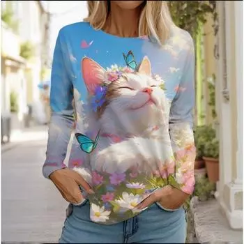Милый принт для кошек, женская одежда с длинными рукавами, весна и осень, модная одежда с круглым вырезом, повседневная одежда больших размеров, футболки, кавайные топы, пуловеры S