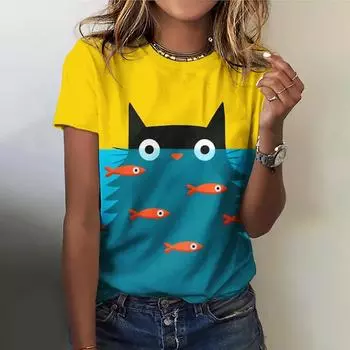 Милый принт кошки женские свободные футболки с короткими рукавами и круглым вырезом пуловер в стиле кавайи S