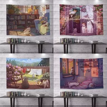Милый принт кота Фон Ткань Офис Гостиная Гобелен Украшение стены Дома Гобелен 100x75cm