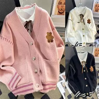 Милый принт медведя вязаный кардиган женский осень зима корейский теплый нежный свитер свободный V-образный вырез длинный рукав однотонный преппи джемпер One size розовый