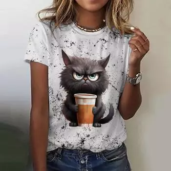 Милый принт с изображением кота, женские футболки, модный повседневный короткий свитер с рукавами и рисунком чашки чая, футболка с круглым вырезом, женская одежда XXS