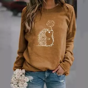 Милый принтованный свитер с рисунком ежа, женская мода, длинный рукав, уютный круглый вырез, пуловер, свитшот, топ S