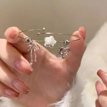 Милый простой сердечный бант с цирконием, открывающийся регулируемый тонкий браслет для женщин и девочек, эстетические украшения, подарок на день рождения 1pc