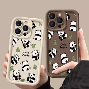 Милый противоударный чехол с рисунком панд для iPhone 16 Pro Max 15 Pro 14 Plus 13 12 11 XR XS 8 7, защитный матовый мягкий бампер из ТПУ для линз iPhone 16 чёрный
