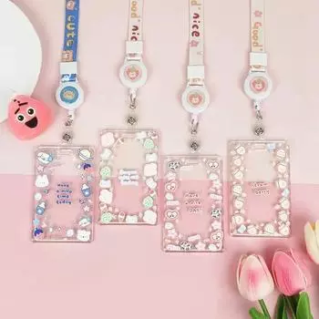 Милый прозрачный чехол для карты на шнурке, чехол для студенческой автобусной карты, чехол для мультяшной рабочей карты, держатель для кредитной карты с пружинным шнуром