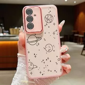 Милый прозрачный чехол для телефона с принтом планеты и астронавта для Samsung S24 Ultra S23 FE S22 S21 S20 FE A54 A34, мягкий силиконовый противоударный защитный бампер для объектива Samsung S24 чёрный
