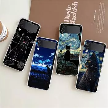 Милый прозрачный чехол с изображением черного кота для телефона Samsung Z Flip 4 5, тонкий прозрачный чехол из жесткого ПК для Galaxy Z Flip 3 5, чехол Galaxy Z Flip 5
