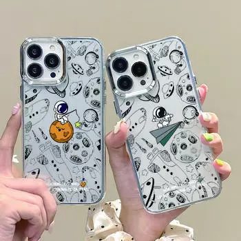 Милый прозрачный чехол с принтом лунного астронавта для iPhone 16 Pro Max 15 14 Pro 13 12 11, мягкий противоударный защитный чехол для линз, тонкий прозрачный чехол для телефона iPhone 16