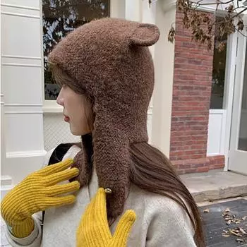 Милый пуловер с медвежьими ушками, шапки-балаклавы для женщин, осенне-зимняя теплая универсальная защита шеи, защита ушей, вязаные шапочки серый