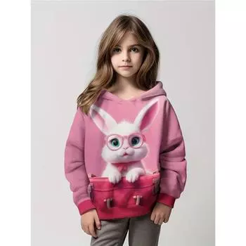 Милый пуловер с принтом кролика для девочек, длинный рукав, модная симпатичная толстовка с капюшоном, топы для детей, осенне-зимняя одежда, удобная с капюшоном 150cm