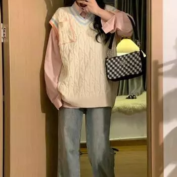 Милый пуловер, жилет, свитер, женский дизайн, v-образный вырез, контрастный вязаный свитер, лоскутный свитер без рукавов, повседневный свитер, жилет, свободный женский One Size бежевый