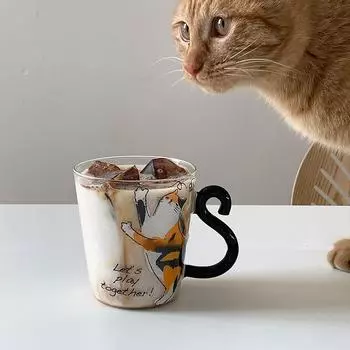 Милый японский кот со стеклянной чашкой для завтрака, чая, молока, кофе, термостойкой воды 301-400ml
