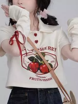 Милый японский укороченный топ с вишневым принтом, футболка с рукавами Kawaii, повседневные женские универсальные свободные футболки Y2k, эстетические футболки в стиле Харадзюку S абрикосовый