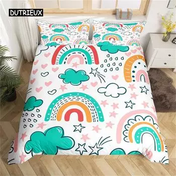 Милый радужный пододеяльник, комплект постельного белья из микрофибры с рисунком солнца, луны и звезд, покрывало для подростков, декор для комнаты для девочек US Queen(228x228cm)