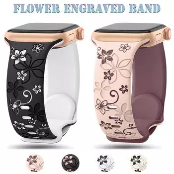 Милый ремешок с гравировкой в виде цветка для Apple Watch Ultra 2/Ultra 49 мм 41 мм 40 мм 44 мм 45 мм 42 мм 38 мм Мягкий силиконовый спортивный ремешок для iWatch Series SE 9 8 7 6 5 4 3 41mm 40mm 38mm for apple watch дым