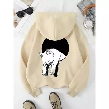 Милый рисунок кота с принтом Женская толстовка с капюшоном Harajuku Свободная толстовка Модная флисовая теплая толстовка с капюшоном Винтажная осенняя женская футболка с круглым вырезом S