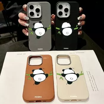 Милый рисунок панды для магнитного чехла MagSafe для iPhone 16 Pro Max 15 Plus 14 Pro 13 12 11 Матовая кожаная текстура ударопрочный тонкий мягкий чехол для телефона из ТПУ iPhone 16 чёрный