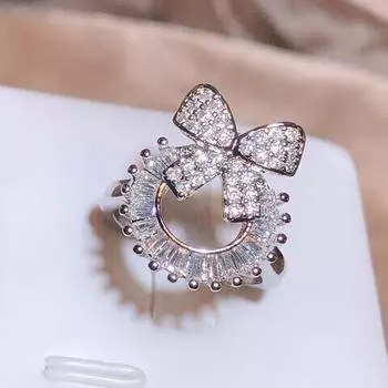 Милый романтический бант 925 пробы с блестящим цирконием AAAA для женщин, классические ювелирные изделия с бантом, новый подарок на годовщину, обручальные кольца для женщин Resizable белый