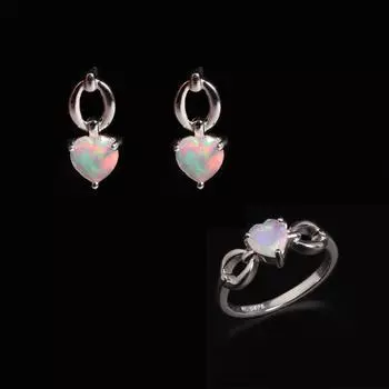Милый романтический стиль Камень октября Натуральный опал в форме сердца кольцо Серьги комплект украшений для женщин и девочек подарок на день рождения US RING SIZE:5# белый