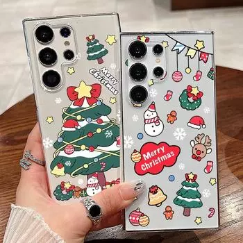 Милый Рождественский елочный принт с изображением лося для Samsung S24 Ultra S23 Plus S22 A55 A35 A15 A54 A34 Прозрачный ударопрочный тонкий жесткий чехол для телефона из ПК Samsung S24