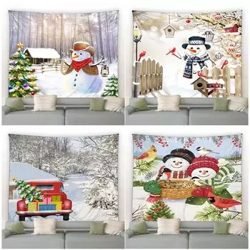 Милый рождественский гобелен со снеговиком, рождественская елка, зимний лесной пейзаж, настенный декор для спальни, гостиной, эстетический 100x75cm