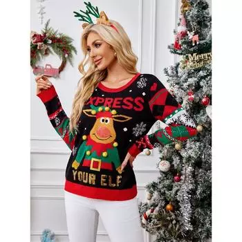 Милый рождественский принт свитер для женщин с длинным рукавом и круглым вырезом рождественский свитер осень-зима свободный пуловер трикотаж свитера топы S чёрный