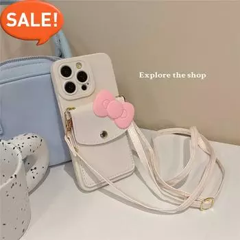 Милый розовый бант через плечо шнурок ожерелье кошелек сумка для карт мягкий чехол для iPhone 15 13 14 12 11 Pro Max Plus X XS XR XS Чехол for iphone X XS бежевый