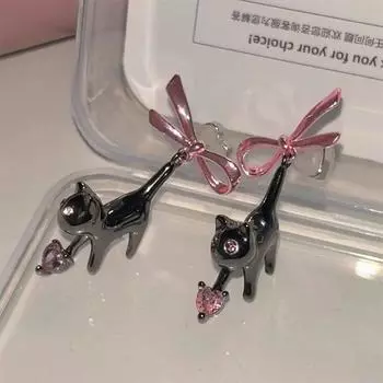 Милый розовый бант, розовое сердце, черный кот, висячие серьги для женщин, милые креативные забавные модные ювелирные изделия чёрный